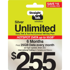 Straight Talk 6 Month Plan Silver Unlimited 180 Access Days 25 GB