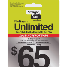 Straight Talk Refill Card $65 Prepaid Platinum Unlimited 30 Days 25 GB