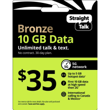 Straight Talk $35 Bronze 10 GB 30-Day Single Line Prepaid Plan (10 GB of data at high speeds) with 5 GB Data Hotspot Enabled + Int'l Calling Direct Top Up