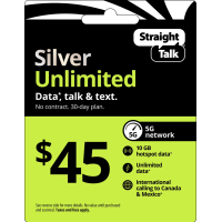 Straight Talk $45 Silver Unlimited 30-Day Single Line Prepaid Plan +10GB Hotspot Data + Int'l Calling