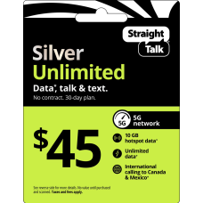 Straight Talk $45 Silver Unlimited 30-Day Single Line Prepaid Plan +10GB Hotspot Data + Int'l Calling Straight Talk $45 Silver Unlimited 30-Day Single Line Prepaid Plan +10GB Hotspot Data + Int'l Calling