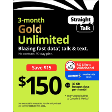 Straight Talk $150 Extended Gold Unlimited 90-Day Prepaid Plan + 30 GB Hotspot Data + Int'l Calling Straight Talk $150 Extended Gold Unlimited 90-Day Prepaid Plan + 30 GB Hotspot Data + Int'l Calling