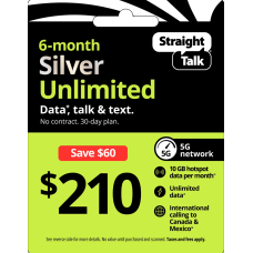 Straight Talk $210 Extended Silver Unlimited Talk, Text & Data 180-Day Prepaid Plan + 10 GB Hotspot Data + Int'l Calling Direct Top Up Straight Talk $210 Extended Silver Unlimited Talk, Text & Data 180-Day Prepaid Plan + 10 GB Hotspot Data + Int'l Calling Direct Top Up