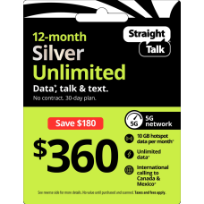 Straight Talk $360 Extended Silver Unlimited Talk, Text & Data 1-Year Prepaid Plan + 10 GB Hotspot Data + Int'l Calling Direct Top Up Straight Talk $360 Extended Silver Unlimited Talk, Text & Data 1-Year Prepaid Plan + 10 GB Hotspot Data + Int'l Calling Direct Top Up